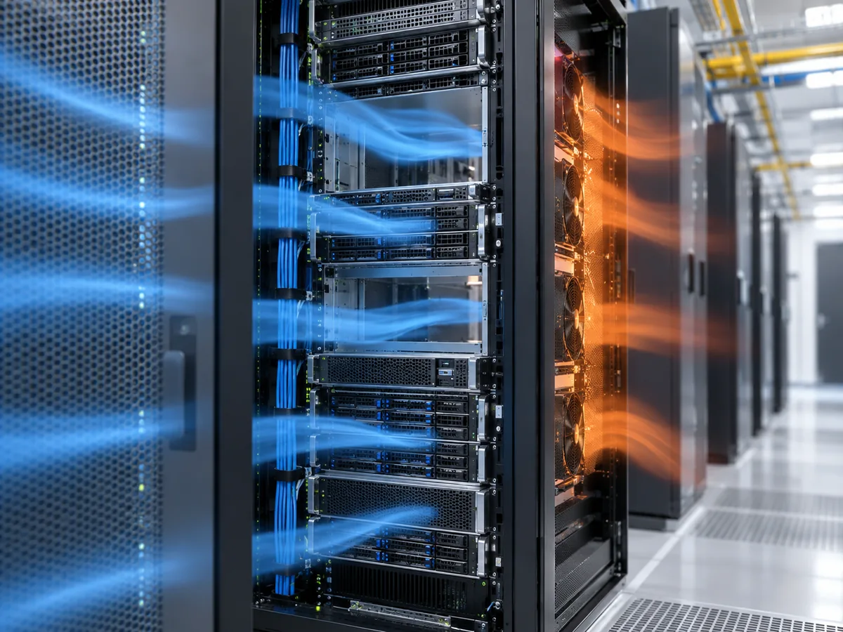 Server rack with front-to-back data center airflow